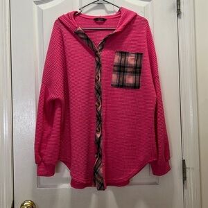Dokotoo Womens Large Pink Flannel Waffle Knit Hooded Shacket